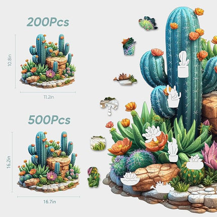 delobil Succulent Cactus Wooden Puzzles for Adults, 500 Pieces Jigsaw Puzzles, Unique Shaped Medium Size Liberty Wood Puzzle Gift for Adults and Kids, Family Game 16.7'' x 16.2''