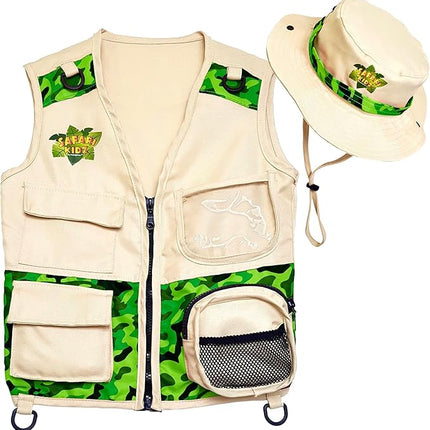 Safari Kidz Outdoor Explorer Kit - Green Camouflage Cargo Vest and Hat Set, Backyard Nature Adventures, Washable Costume, Age 3+