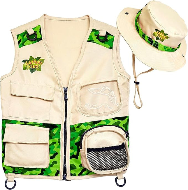 Safari Kidz Outdoor Explorer Kit - Green Camouflage Cargo Vest and Hat Set, Backyard Nature Adventures, Washable Costume, Age 3+