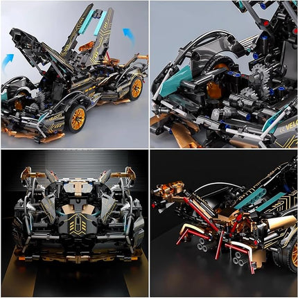 1:14-Scale RC Car Model Kit - Black-and-Gold Retro Supercar with APP Control, LED Lights, and Functional Scissor Doors for Creative Teens and Adult Hobbyists (1314 Pieces)