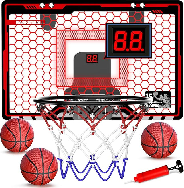 HopeRock Indoor Basketball Hoop for Kids, Over The Door Mini Basketball Hoops, with LED Light, Scoreboard, Birthday Toys Gifts for 5 6 7 8 9 10 11 12+ Year Old Boys