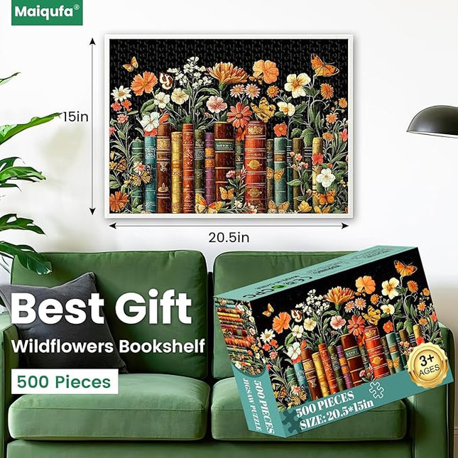 500 Piece Puzzle for Adults | Vintage Wildflowers Books Puzzle | Recycled Cardboard Plant Flowers Jigsaw Puzzle 500 Pieces | Challenging Game Home Decor Birthday Party Gift Toy for Adults Kids Seniors