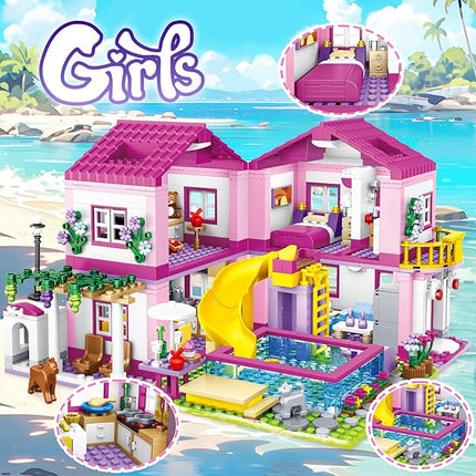 Pink Girls Summer Villa Friends Building Set Compatible with Lego Friends Construction Educational Toy for Kids Age 8-12 and Up 1018 PCS