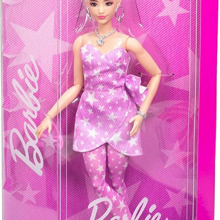Barbie Deluxe Style Doll #11 in Pink Denim Star-Print Dress with Matching Tights, Black Hair in High Bun, Accessories Like Handbag and Jewelry