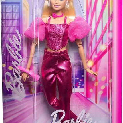 Barbie Deluxe Style Doll #5 in Metallic Pink Outfit, Blonde Hair, Sparkly Corset Top and Shiny Pants with Accessories Like Rose Necklace and Handbag
