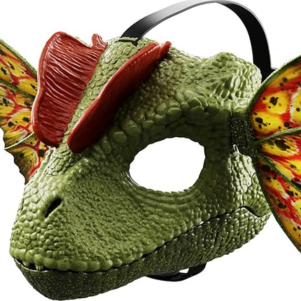 Mattel Jurassic World Dilophosaurus Role Play Mask with Venom Launchin Water Feature, Sound & Adjustable Frill, Dinosaur Costume Headgear Toy
