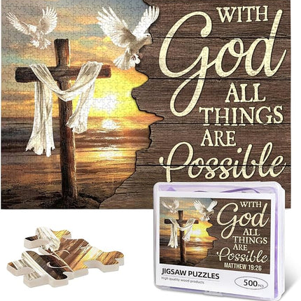 Christian Jigsaw Puzzles 500 Pieces for Adults, Ocean Cross & Matthew 19:26 with God All Things are Possible, Inspirational Beach-Themed Wooden Puzzle, Faith-Based Gift