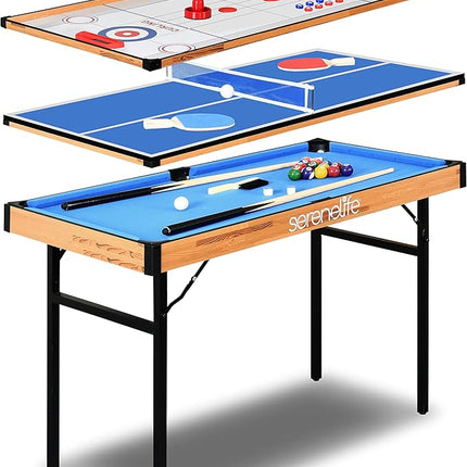 SereneLife 4 in 1 Multi Game Table, 4’x2’ Folding Portable Sports Arcade Games with Accessories, Ping Pong, Air Hockey, Pool Billiards, and Shuffleboard, for Indoor, Outdoor, All Ages