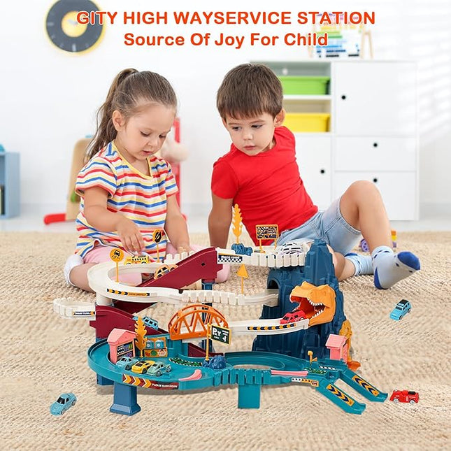 Toy Car Ramp Track, Climbing Hills Railcar Colorful Vehicles Construction Play Set with 12 Mini Racer Cars for Kids 3+(Dinosaur)