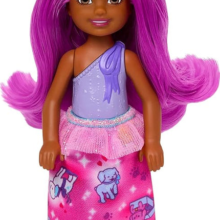 Barbie Royal Chelsea Doll with Pink Hair and Purple Bow Headband, Colorful Printed Skirt