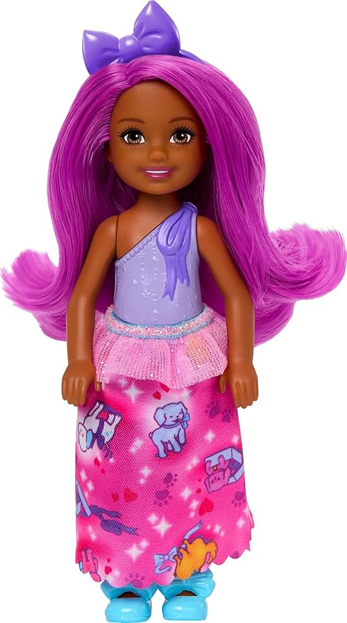 Barbie Royal Chelsea Doll with Pink Hair and Purple Bow Headband, Colorful Printed Skirt