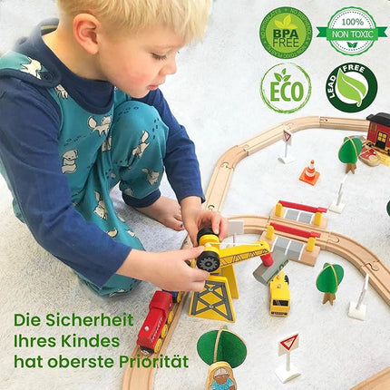 Tiny Land 55PCS Wooden Train Set - Compatible with Major Brand Tracks, Educational Toy for Toddlers & Kids Ages 3-7, Durable Wooden Railway Tracks