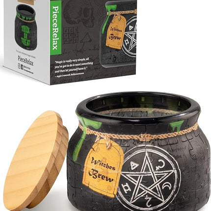 PieceRelax 3D Puzzle Jar 64 Plastic Pieces for Adults - Witches Brew - Wooden Lid Container for Kitchen Dining Study Living Room No Glue Requied Small [BC1022]