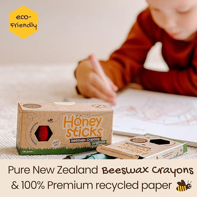 Honeysticks 100% Pure Beeswax Crayons Natural, Non Toxic, Safe for Toddlers, Kids and Children, Handmade in New Zealand, for 1 Year Plus (12 Pack with Book) Best Gift