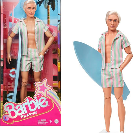 Barbie The Movie Ken Doll Wearing Pastel Pink and Green Striped Beach Matching Set with Surfboard and White Sneakers
