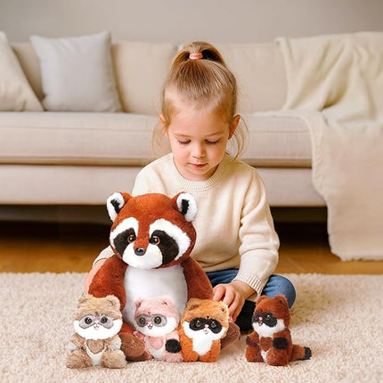 IKASA Mommy Raccoon Stuffed Animal Mom and Baby Plush Toy, Cute 12.5" Soft Mama Family Set with Little Mini Babies,Gifts for Kids
