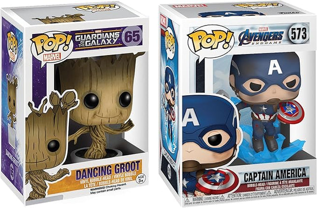 Funko Pop! Marvel 2-Pack Bundle – Captain America with Broken Shield & Mjolnir (Avengers: Endgame) and Dancing Groot (Guardians of The Galaxy)