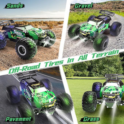 Remote Control Car RC Cars All Terrain Monster Truck, Outdoor 2WD Off Road Hobby RC Truck with 2 Rechargeable Batteries and Colorful Light, 20Km/h Fast RC Car Toys Gift for Kids Boys