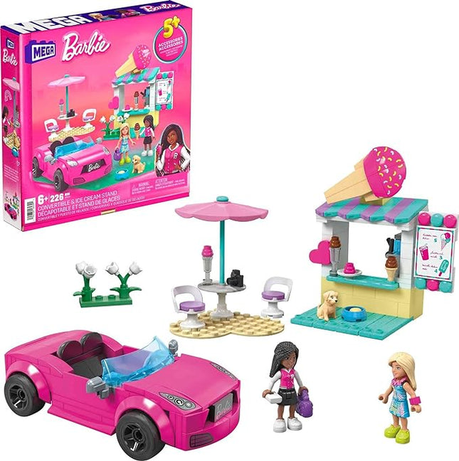 MEGA Barbie Kids Building Toy Set, Convertible & Ice Cream Stand with 226 Pieces, 2 Micro-Dolls and Accessories, Pink, Ages 6+ Years