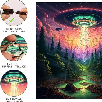 Wooden Jigsaw Puzzle for Adults - Challenging 300 Piece Puzzle with Cool Shapes - UFO Alien Landscape Puzzle Art - Paranormal Collection (Earthly Encounter)