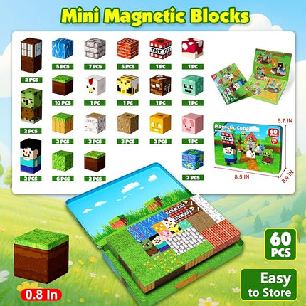 Mini Magnetic Blocks with Iron Box, 60 PCS Travel Magnetic Building Blocks, STEM Educational Building Set Construction Toys for Kids Ages 3+, Building Toys for Toddlers Boys & Girls Birthday Gift