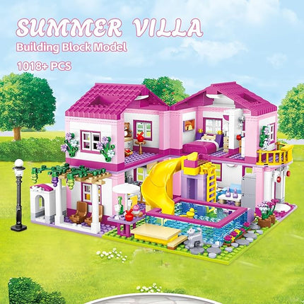 Pink Summer Pool Villa Building Block Set Friends Construction Educational Toy 1018 Pieces Gifts for Girls Teens Kids Adults Ages 6+