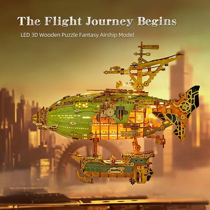 LED 3D Wood Puzzle Fantasy Airship Model - Steampunk DIY Craft Kit with LED Lights – Intricate Wooden Airship Model Building Set for Teens and Adults(Green)