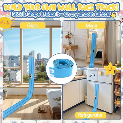 15 Ft Cobalt Blue Flexible Race Car Track,Two-Lane Flex Race Track， Sucion Cups, Compatible with Hot Wheels, Matchbox, Diecast 1/50th Toy Cars (Sky Blue)