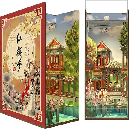 Tonecheer DIY Book Nook Kit for Adults, Wooden 3D Puzzle Bookend Bookshelf Insert Decor, Chinese Booknook Miniature House Kit with Dust Cover and Body Motion Sensor LED Light (Dream of Red Mansions)