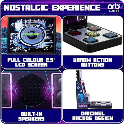 Orb - Mini Finger Dance Arcade Machine, 19 in-Built Songs, 4 Difficulty Levels, 8-Bit Retro Arcade Games, 2.5” Full Colour Screen, 5-Way Joystick Touch Pads, Volume Control