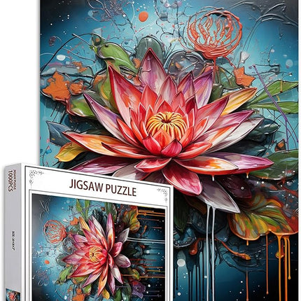 Lotus Flower Jigsaw Puzzles 1000 Pieces for Adults, Families (Water Lily,Tropical Floral,Blossom) Pieces Fit Together Perfectly 19.7''x27.6''inch Graffitic Wildflower Frameable Magic Puzzle Art（Red）