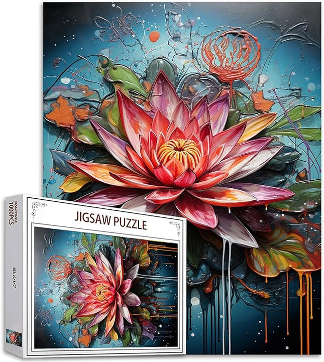 Lotus Flower Jigsaw Puzzles 1000 Pieces for Adults, Families (Water Lily,Tropical Floral,Blossom) Pieces Fit Together Perfectly 19.7''x27.6''inch Graffitic Wildflower Frameable Magic Puzzle Art（Red）