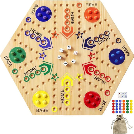 Wooden Board Game, Original Marble Game Double Sided Painted 2 to 6 Player Fast Track Board Game Wooden with 6 Colors 24 Marbles 6 Dice for Adults Kids Family(15 INCH)