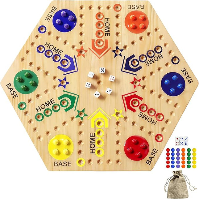 Wooden Board Game, Original Marble Game Double Sided Painted 2 to 6 Player Fast Track Board Game Wooden with 6 Colors 24 Marbles 6 Dice for Adults Kids Family(20 INCH)