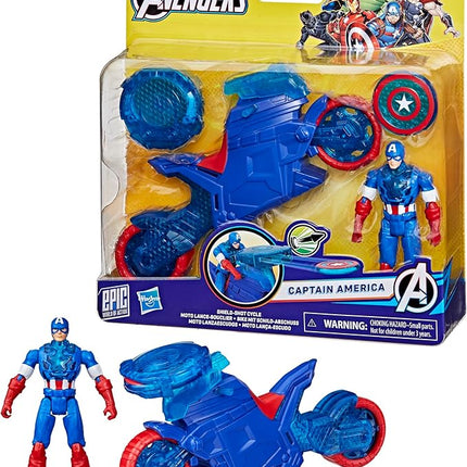 Marvel Avengers Epic World of Action Captain America Shield-Shot Cycle, 4-Inch (10 cm) Figure & Toy Motorcycle Playset, Super Hero Toys for Kids, 4+