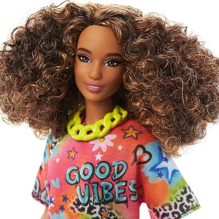 Barbie Fashionistas Doll #201, Athletic Body with Curly Brunette Hair, Graffiti-Print Dress & Accessories Including Boots & Chain Necklace