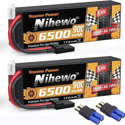 2S Lipo Battery 6500mAh 7.4V RC Battery 90C Hard Case with Tr + EC5 Plug Compatible with RC Car Truck Vehicles Truggy Buggy Boat Airplane Models