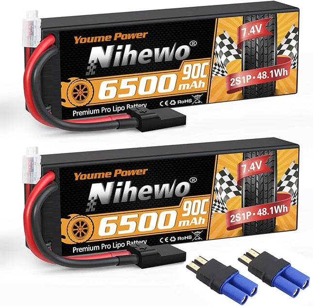2S Lipo Battery 6500mAh 7.4V RC Battery 90C Hard Case with Tr + EC5 Plug Compatible with RC Car Truck Vehicles Truggy Buggy Boat Airplane Models