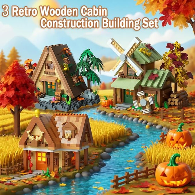3 Mini Wooden Cabins Micro Building Blocks Toy Set, A-Frame House-Mountain Treehouse-Windfall Architecture Kit Compatible with Lego, Natural Construction Collection Gift for Adult, Teen(2000+PCS)