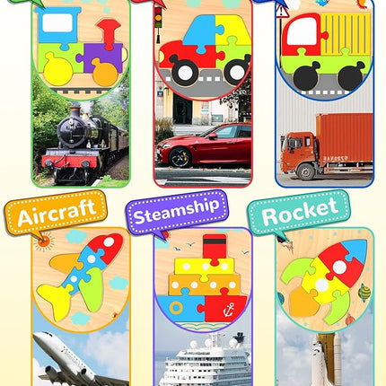 Yetonamr Wooden Toddler Puzzles Gifts Toys for 1 2 3 Years Old Boys Girls, 6 Vehicle Shape Montessori Toys Educational Blocks Kids Gift Baby Learning Toy Age 1-3, 2-4