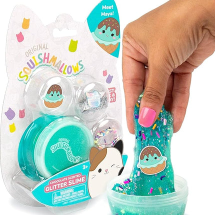 Original Squishmallows Glitter Slime, Mini Maya The Ice Cream Charm, Chocolate Scented, 3 Fun Add-Ins, Pre-Made Slime for Kids, Great 6 Year Old Toys