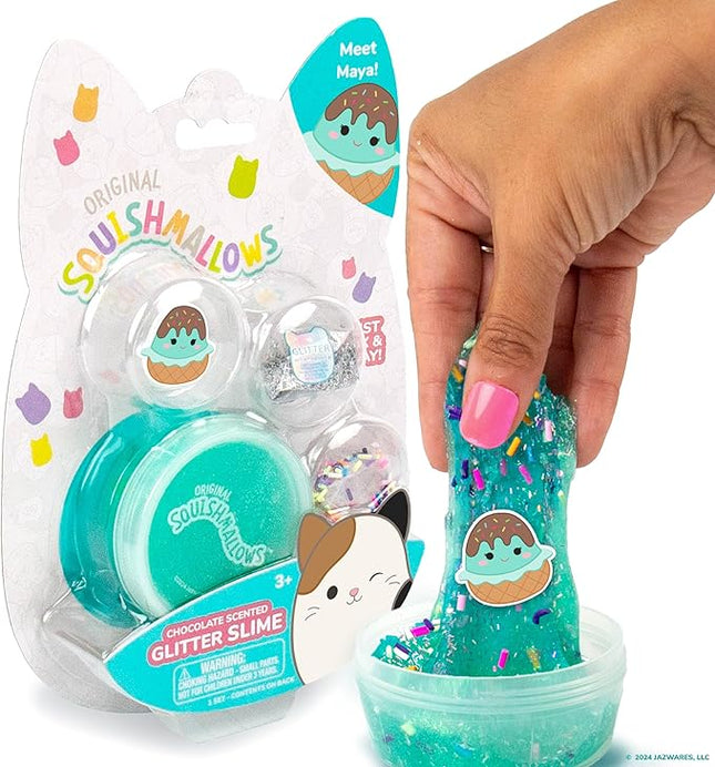 Original Squishmallows Glitter Slime, Mini Maya The Ice Cream Charm, Chocolate Scented, 3 Fun Add-Ins, Pre-Made Slime for Kids, Great 6 Year Old Toys