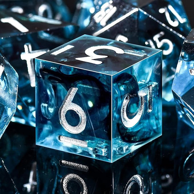 AUSTOR 7-Die DND Dice Set Handmade Sharp Edge Polyhedral Dice for Dungeons and Dragons D&D RPG MTG Table Games (Blue & Black, Silver)