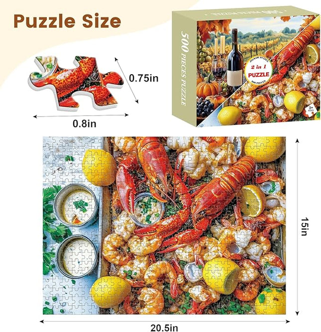 2 Pack Puzzles for Adults 500 Piece Winery & Seafood Dinner Jigsaw Puzzles for Adults, 500 Pieces Birthday Party for Family Kids, Funny Puzzle, 20.5x15 in