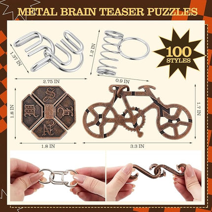 Yilloog 100 Styles Metal Brain Teaser Puzzles Assortment Bulk for Adults Difficult Magic Puzzles Highly Hard Brain Games Iq Logic Test Disentanglement Game Gift for Christmas Classroom Mind Challenge