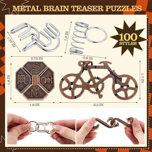 Yilloog 100 Styles Metal Brain Teaser Puzzles Assortment Bulk for Adults Difficult Magic Puzzles Highly Hard Brain Games Iq Logic Test Disentanglement Game Gift for Christmas Classroom Mind Challenge