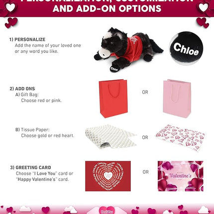 DolliBu I Love You Valentine Plush Lying Black Horse - Cute Stuffed Animal with Red Shirt and Name Personalization Gift for Valentines Day, Birthday, Anniversary - 10.5 Inches
