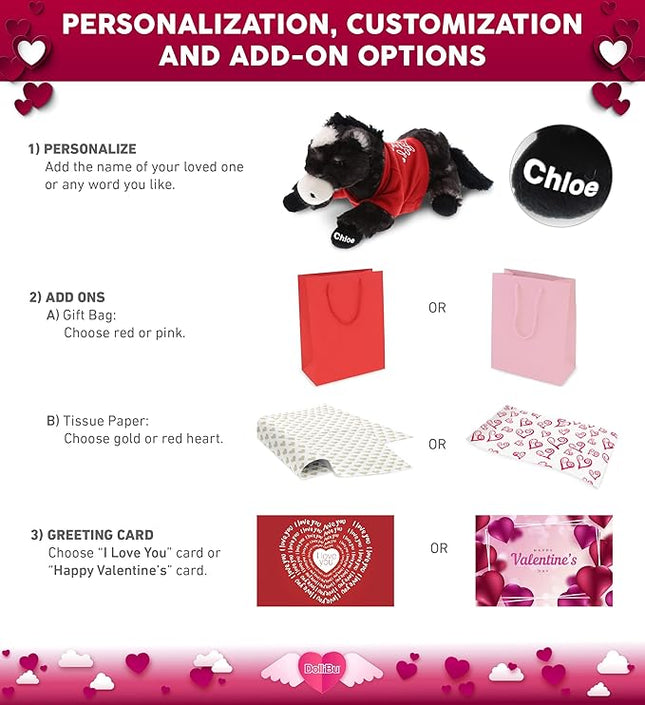 DolliBu I Love You Valentine Plush Lying Black Horse - Cute Stuffed Animal with Red Shirt and Name Personalization Gift for Valentines Day, Birthday, Anniversary - 10.5 Inches
