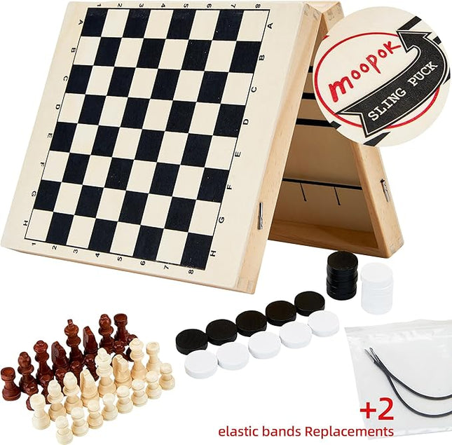 moopok Fast Sling Puck Game - 2 in1 Chess Board and Desktop Battle Super Winner Game,Fast Action Wooden Air Hockey Board Game,Adults and Kids Family Friend Funny Slingshot Game Toys