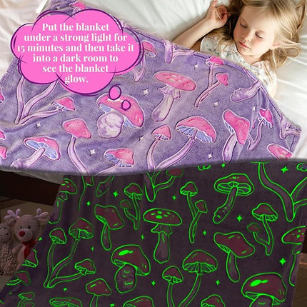 Twin Size Mushroom Blanket Glow in The Dark - Soft Fuzzy Purple Fleece Throw Cottagecore Bedding for Women Teens, Couch Sofa Home Decor 60x80inches